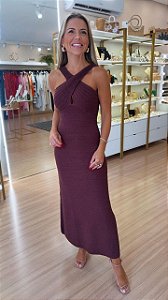 VESTIDO TRICOT DECOTE CRUZADO FRENTE MARROM