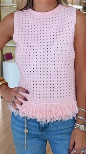 BLUSA TRICOT REGATA COM FRANJA ROSA
