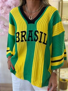 BLUSA BRASIL GOLA V LISTRADA AMARELA PRETO