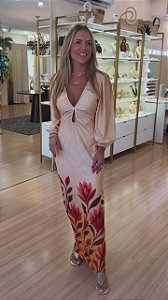 VESTIDO MANGA DECOTE FRONTAL FOLHA DOURADO