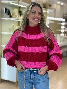 BLUSA TRICOT MEIA GOLA LISTRADA PINK VERMELHA