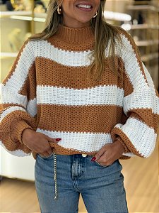 BLUSA TRICOT MEIA GOLA LISTRADA BRANCO NUDE