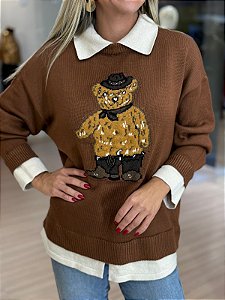 BLUSA TRICOT URSO SOBREPOSIÇÃO MARROM