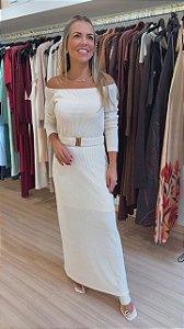 VESTIDO OMBRO A OMBRO CANELADO AREIA