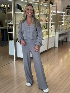 CONJUNTO TRICOT CASAQUETO CALÇA TRANÇADO CINZA