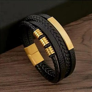 Pulseira masculina com detalhes em aço inoxidável dourado