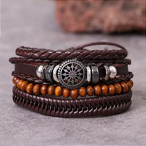Kit Pulseira Masculina Couro Marrom Trançado