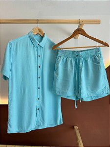 KIT: Camisa + Short linho Azul Piscina