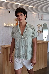 Camisa Linho Bordado Costela de Adão Verde