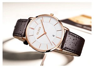 OLEVS-Relógio Quartz Ultra Fino Impermeável Masculino, Relógio de Pulseira de Couro, Relógio Empresarial, Data, 6.5mm