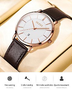 OLEVS-Relógio Quartz Ultra Fino Impermeável Masculino, Relógio de Pulseira de Couro, Relógio Empresarial, Data, 6.5mm