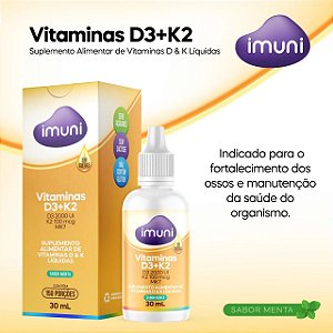 Vitaminas D3 + K2 - Gotas 30ml - Sabor menta - Rende 150 doses