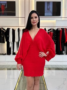 VESTIDO CURTO DE LASTEX COM MANGA MAXI BUFANTE