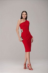 VESTIDO MIDI DE UM OMBRO SÓ COM MANGA LONGA E RECORTE GEOMÉTRICO VAZADO