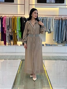 VESTIDO DE ORGANZA COM TRANSPARÊNCIA MANGAS LONGAS E GOLA ALTA
