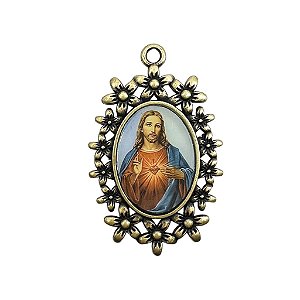 Medalha Sagrado Coração de Jesus com flores Ouro Velho