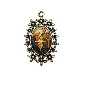 Medalha Sagrada Familia com flores Ouro Velho