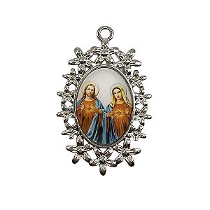 Medalha Sagrado Coração de Maria e Jesus com flores Níquel