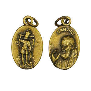 Medalha São Miguel do Monte Gargano e Padre Pio  Ouro Velho 1 Unidade