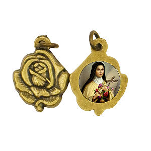 Pingente/Medalha de Rosa com Imagem de Santa Teresinha Ouro velho 1 Und