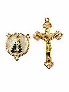 Entremeio e Cruz colorido de Nossa Senhora Aparecida Dourado com Perola
