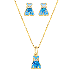 Brinco e colar vestido de princesa banhado à ouro 18k
