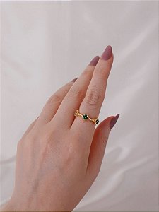 Anel Regulável Trevo com Zircônia Verde