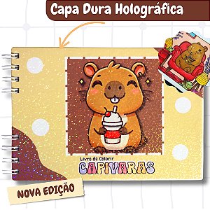 Livro de Colorir Capivara Fofa 50 Páginas Folha de 180g Capa Dura Holográfica Capibara