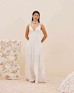 VESTIDO LONGO 2 ALCAS E BABADOS-OFF WHITE- CACAY