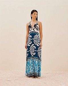 VESTIDO LONGO DET. ALCAS TRANCADAS-AZUL CACAY