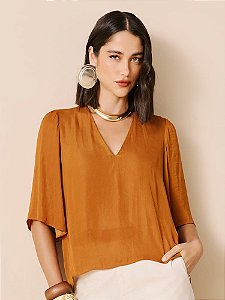 BLUSA FEMININA DECOTE V MARROM TERRA -DIMY
