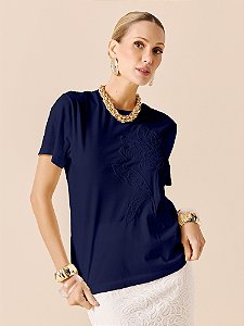 TSHIRT FEMININA CONFORT DIMY COM BORDADO -AZUL MIDNIGHT