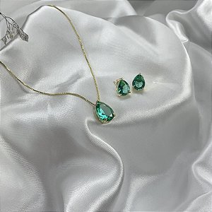 Conjunto colar e brinco gota de zircônia banhados em ouro 18K
