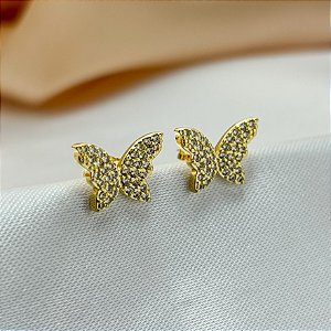 Brinco Borboleta Cravejado com Zircônias Brancas - Banhado em Ouro 18k