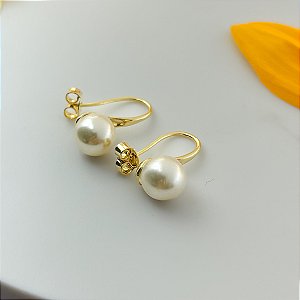 Brinco Gancho com Pérola Fake - Banhado Ouro 18k - Abba Joias