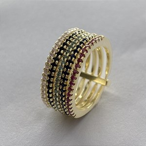 Anel com 5 Alianças Cravejadas com Zircônias - Banhado em Ouro 18k
