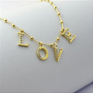 Pulseira de Bolinhas com Pingente escrito LOVE - Banhado em Ouro 18k