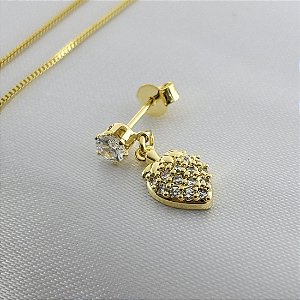 Conjunto Colar e Brinco com Pingente de Coração Cravejado com Zircônias - Banhado em Ouro 18k