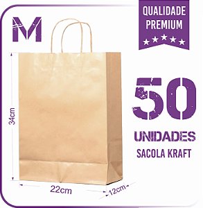 Sacola de Papel Kraft - 50 Unidades - M (22x12x34) - Lisa Sem Impressão