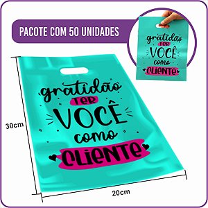 Sacola Plástica Boca de Palhaço Gratidão Cliente Tiffany 20x30cm - (50 Unidades)