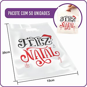 Sacola Plástica Boca de Palhaço Feliz Natal Branca 15x20cm - (50 Unidades)
