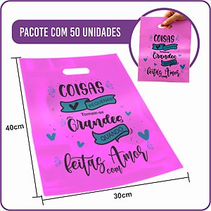 Sacola Plástica Boca de Palhaço Rosa Coisas Feitas Com Amor 30X40cm - (50 Unidades)