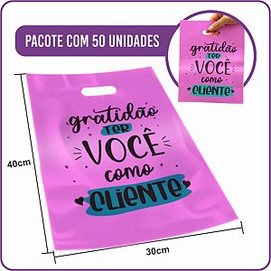 Sacola Plástica Boca de Palhaço Gratidão Cliente Rosa 30x40cm - (50 Unidades)