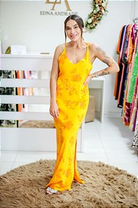 Vestido Feminino longo Rosana laranja estampado