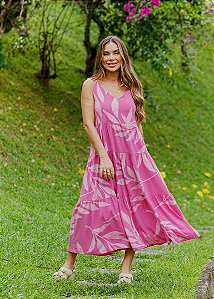 Vestido Feminino Midi Mada Rosa Estampado