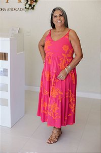 Vestido Feminino Midi Mada Pink Com Laranja