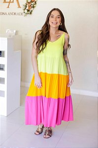 Vestido Feminino Midi Mada Tricolor Lima|Laranja|Pink
