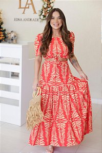 Conjunto Feminino longo Mirella Vermelho estampa baunilha