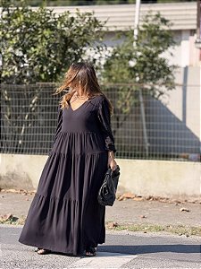 Vestido Chica longo manga Longa preto