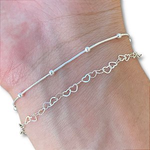 Kit 2 Pulseira Prata 925 Elos de Corações e Laminada Bolinha